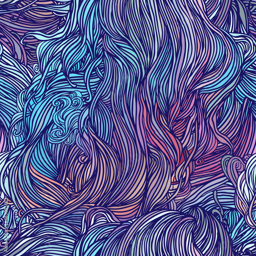 Vector color abstract hand-drawn hair pattern with waves and clouds. Asian st...