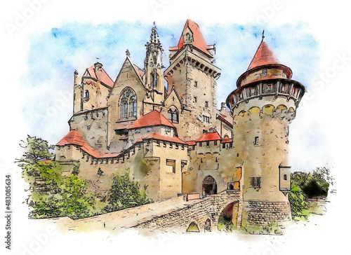 Kreuzenstein Castle, locally known as Burg Kreuzenstein in the province of Lower Austria in Austria, watercolor sketch illustration. photo