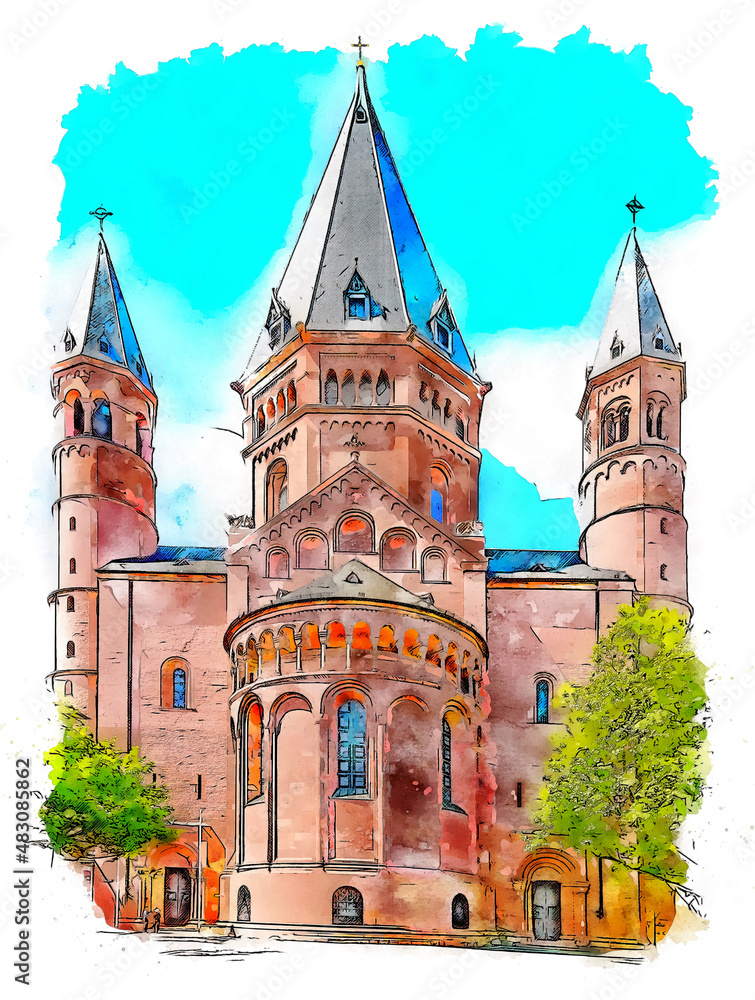Fototapeta premium Mainz Cathedral or St. Martin's Cathedral (Mainzer Dom), located near the historical center of the city of Mainz, Germany, watercolor sketch illustration.