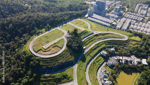 Aerial view of a luxury land acquisition lot, vacant lot or land portion of a real estate on top of hill