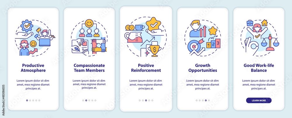 Positive work environment characteristics onboarding mobile app screen. Walkthrough 5 steps graphic instructions pages with linear concepts. UI, UX, GUI template. Myriad Pro-Bold, Regular fonts used Positive work environment characteristics onboarding mobile app screen. Walkthrough 5 steps graphic instructions pages with linear concepts. UI, UX, GUI template. Myriad Pro-Bold, Regular fonts used