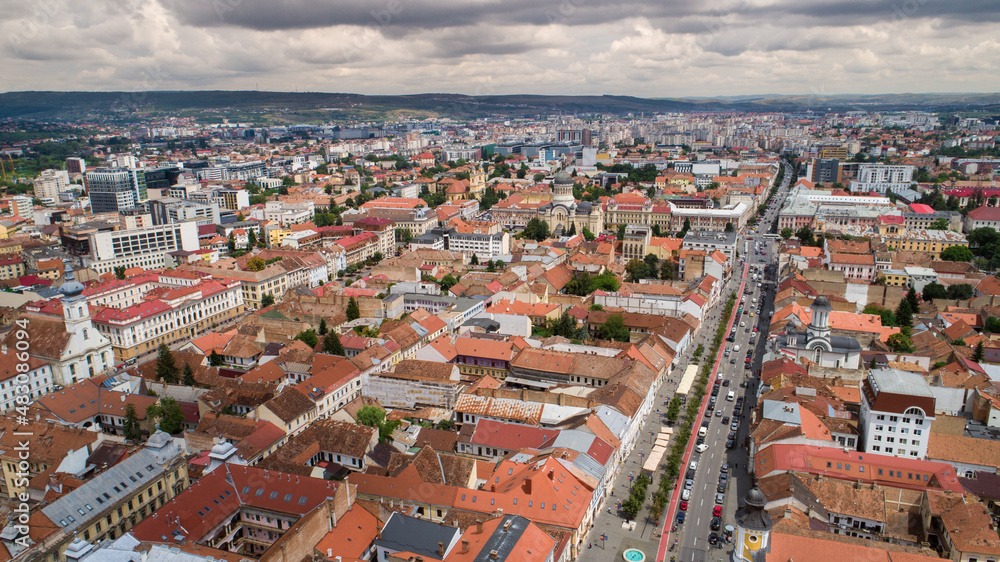 Aerial view of an old town on a cloudy day