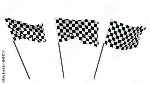3 drapeaux à damier sur fond blanc - rendu 3D photo