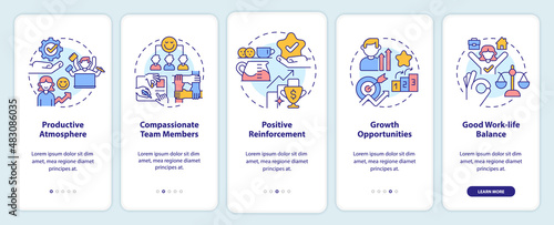 Positive work environment characteristics onboarding mobile app screen. Walkthrough 5 steps graphic instructions pages with linear concepts. UI, UX, GUI template. Myriad Pro-Bold, Regular fonts used © bsd studio
