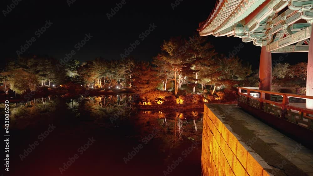 Gyeongju, South Korea - Nov 2021 : Gyeongju travel Donggung Palace, Pavilion in Anapji lake at night . Gyeongju, South Korea. Gyeongju, South Korea - Nov 2021 : Gyeongju travel Donggung Palace, Pavilion in Anapji lake at night . Gyeongju, South Korea.