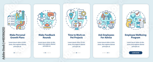 Employee engagement activities onboarding mobile app screen. Growth plans walkthrough 5 steps graphic instructions pages with linear concepts. UI, UX, GUI template. Myriad Pro-Bold, Regular fonts used