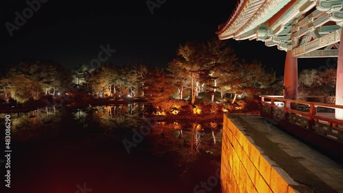 Gyeongju, South Korea - Nov 2021 : Gyeongju travel Donggung Palace, Pavilion in Anapji lake at night . Gyeongju, South Korea. photo