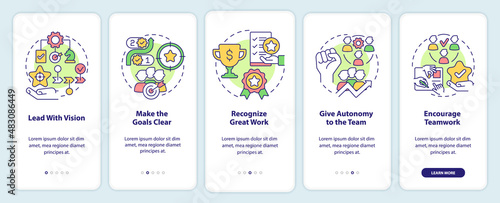 Improving employee motivation onboarding mobile app screen. Clear goals walkthrough 5 steps graphic instructions pages with linear concepts. UI, UX, GUI template. Myriad Pro-Bold, Regular fonts used