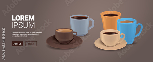 realistic colorful coffee cups hot americano espresso drinks horizontal copy space