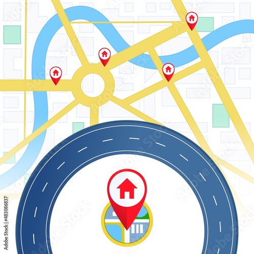 City map with location pin for touristic geolocation. Urban gps navigation with pointer