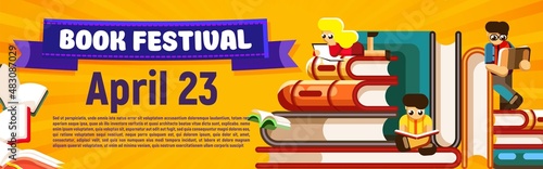 Book festival website header banner template. Man woman reading paper textbook design