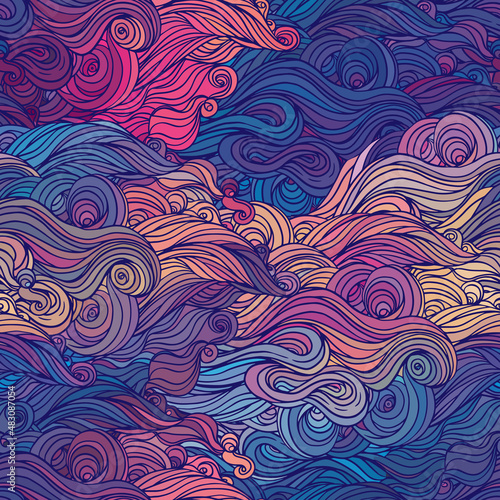 Vector color abstract hand-drawn hair pattern with waves and clouds. Asian st...