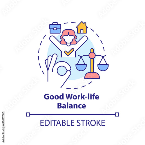 Good work-life balance concept icon. Positive working environment abstract idea thin line illustration. Managing stress. Isolated outline drawing. Editable stroke. Arial, Myriad Pro-Bold fonts used
