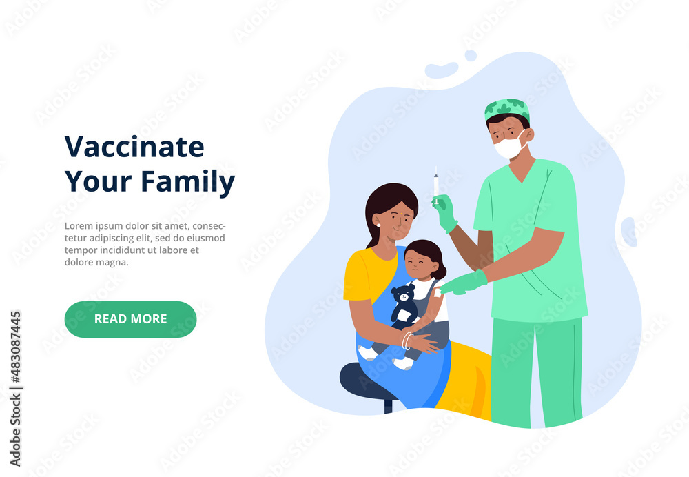 Medical nurse injecting vaccine to a mother and child. Diseases prevention concept. Process of immunization against coronavirus. Flat vector illustration for a banner, landing page.