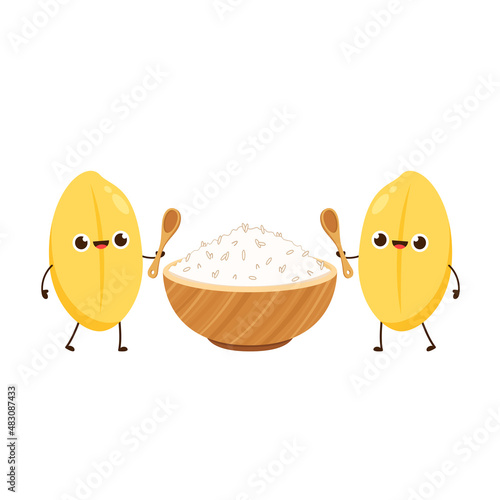 Rice cartoon and rice bowl on white background vector illustration. Cute food mascot logo for restaurant.