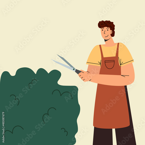 Gardener cuts the tree. Trimming bushes and hedges. A man cuts a bush with a pruner. Vector illustration.