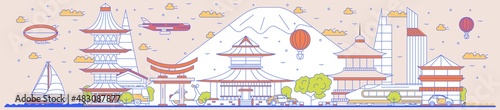 Japan city skyline panorama view with world famous landmark. Travel and tourism concept