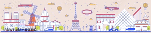 Paris city skyline silhouette with famous place and monument. Romantic trip to France in Europa