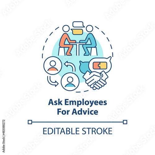 Ask employees for advice concept icon. Employee engagement abstract idea thin line illustration. Seeking assistance. Isolated outline drawing. Editable stroke. Arial, Myriad Pro-Bold fonts used