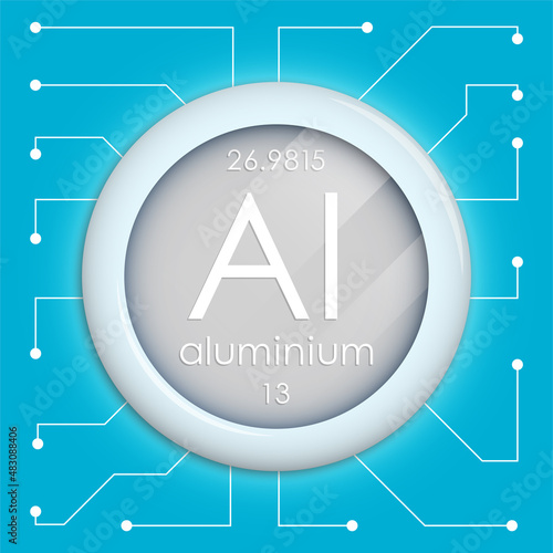 Realistic button with aluminum symbol. Chemical element is aluminum. Vector isolated on white background