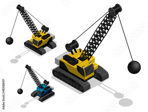 Isometric Heavy wall breaking tractor, demolition machine in flat. Industrial machinery and equipment. Realistic 3D Vector Isolated on white back