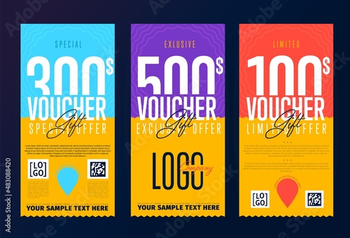 Gift voucher tear-off sale coupon promoting special discount. Set of monetary present card with barcode