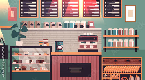 Modern cafe interior empty no people restaurant flat horizontal