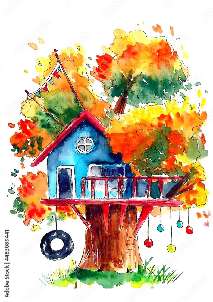 Watercolor Tree House Illustration Stock イラスト Adobe Stock