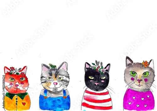 Happy watercolor fancy cats