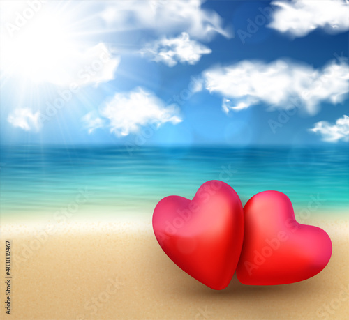 3d red hearts couple on beach. Valentine s day postcard with space for text.