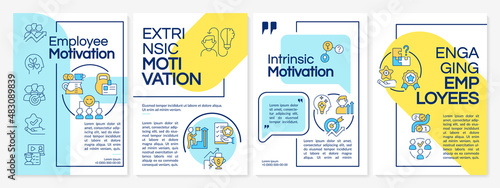 Increasing employees motivation blue and yellow brochure template. Leaflet design with linear icons. 4 vector layouts for presentation, annual reports. Questrial, Lato-Regular fonts used