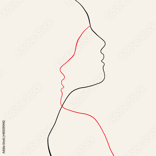 Love poster. Abstract man and woman touch by one line vector drawing. Portrait minimalistic style. Botanical print. Nature symbol of cosmetics. Modern continuous line art. Fashion print. Beaty salon