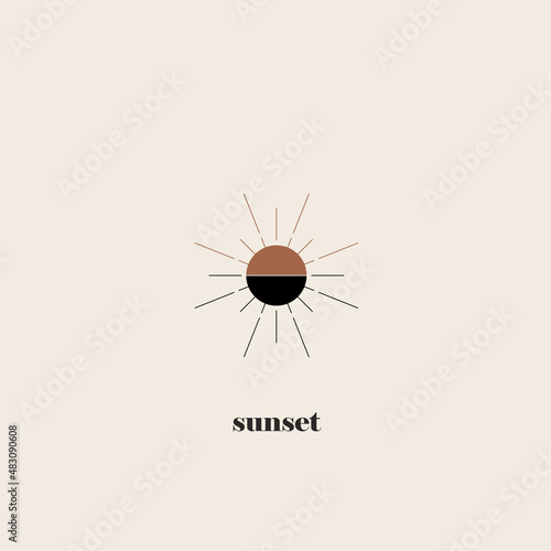 Orange Sun print boho minimalist printable wall art geometric abstract sunset print bohemian art work, vector