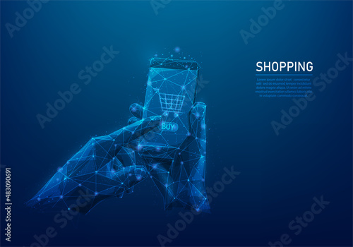 shopping online and digital low poly wireframe. e-commerce concept. hand holding mobile buy online. isolated on blue dark background. consisting of dots, lines, and shapes. vector illustration.