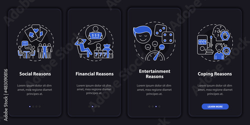 Reasons to gamble night mode onboarding mobile app screen. Compulsive walkthrough 4 steps graphic instructions pages with linear concepts. UI  UX  GUI template. Myriad Pro-Bold  Regular fonts used