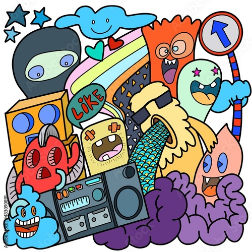 Cartoon cute monsters  monster party card design  illustration  hand drawn.