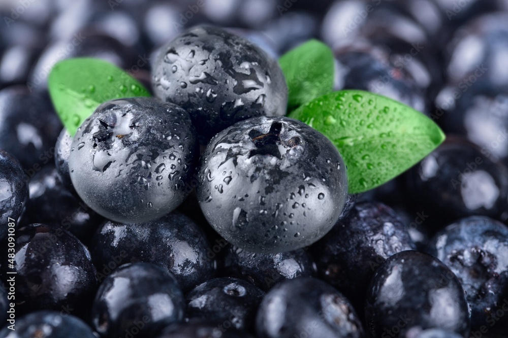 Demonstrating color of 2022 year very peri. Beautiful blueberries background with green leaf. Demonstrating color of 2022 year very peri. Beautiful blueberries background with green leaf.