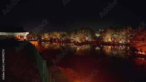 Gyeongju, South Korea - Nov 2021 : Gyeongju travel Donggung Palace, Pavilion in Anapji lake at night . Gyeongju, South Korea. photo