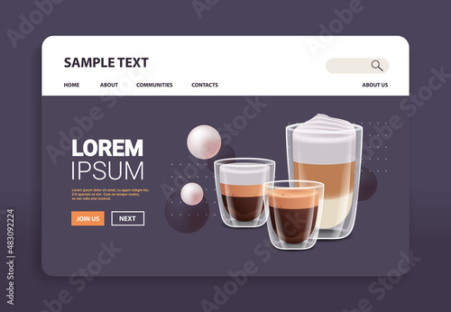realistic coffee in glasses hot espresso macchiato latte drinks horizontal