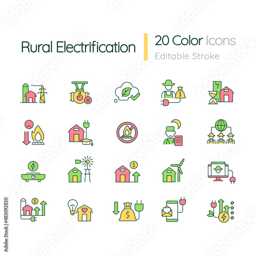 Rural electrification RGB color icons set. Remote areas. Electric power. Isolated vector illustrations. Simple filled line drawings collection. Editable stroke. Quicksand-Light font used