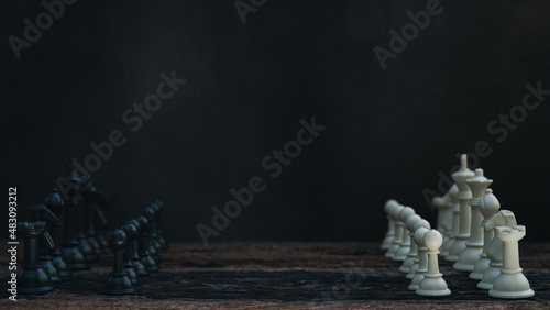 Chess board game battle concept of business ideas and competition and strategy ideas concept. Chess figures on a dark background