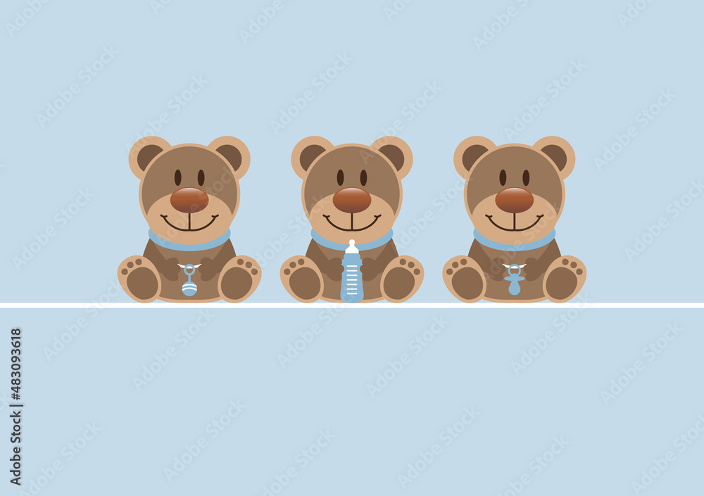 Naklejka premium Karte 3 Teddys Babysymbole Junge Retroblau Hell
