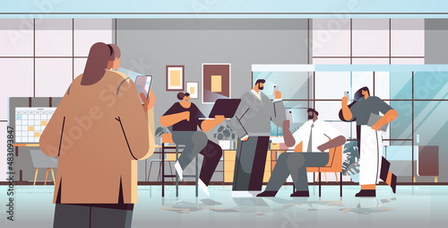 addicted businesspeople using digital gadgets business people active in social networks digital addiction concept