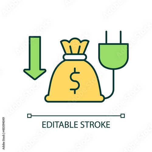 Less expensive electricity RGB color icon. Utility bill deduction. Affordable electrification. Isolated vector illustration. Simple filled line drawing. Editable stroke. Arial font used