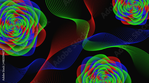 Vector colored abstract flowers wavy lines from dots. Graphic elements on a black background
