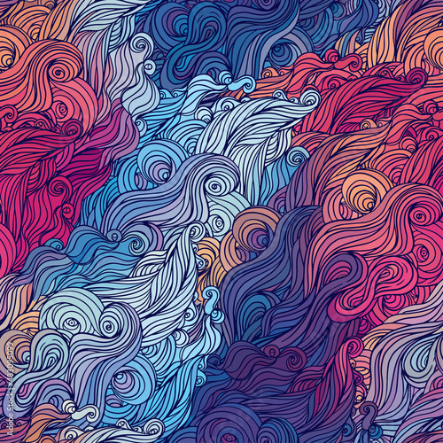 Vector color abstract hand-drawn hair pattern with waves and clouds. Asian style element for design.