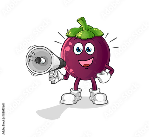 mangosteen holding hand loudspeakers vector. cartoon character