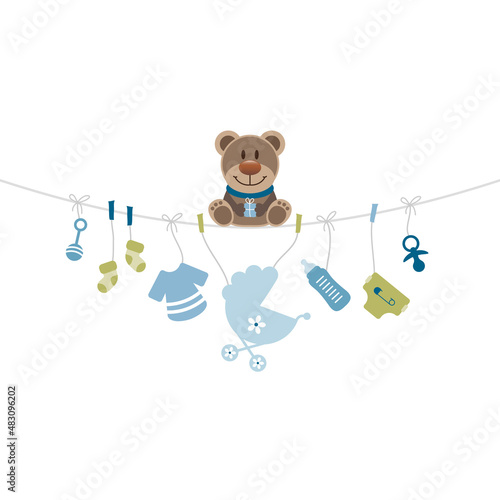 Brauner Teddy & Hängende Babysymbole Junge Retroblau Olivgrün