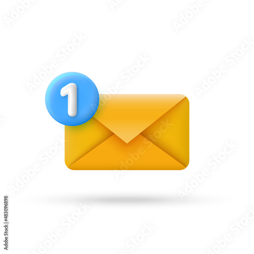 Email envelope icon with one unread message in 3d cartoon minimal style. Vector illustration.
