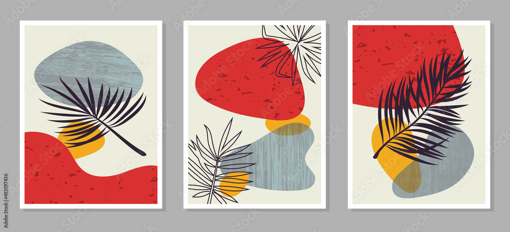 Abstract set of floral wall art. Trendy minimal vector illustration with geometric shapes and tropical leaves. Collection of posters